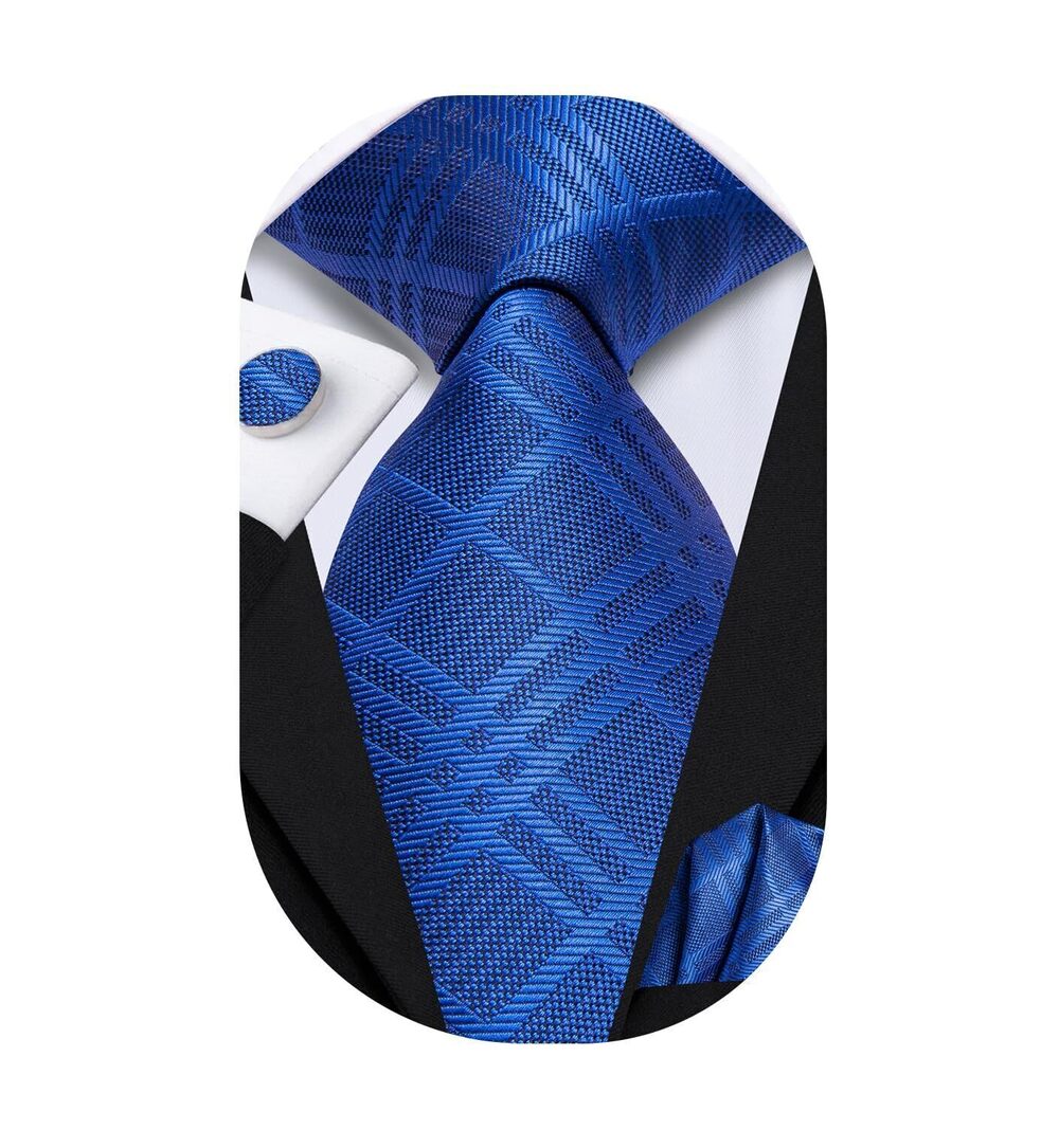 3244 Royal Blue Checks Floral Silk Tie Striped Necktie and Pocket Square